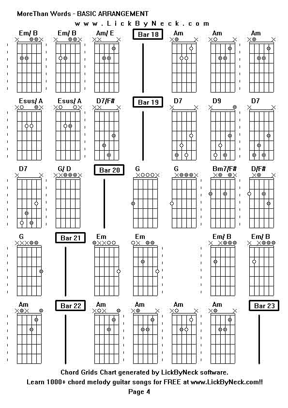 Chord Grids Chart of chord melody fingerstyle guitar song-MoreThan Words - BASIC ARRANGEMENT,generated by LickByNeck software.